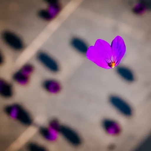 Image similar to closeup photo of 1 lone purple petal flying above a city city park, aerial view, shallow depth of field, cinematic, 8 0 mm, f 1. 8