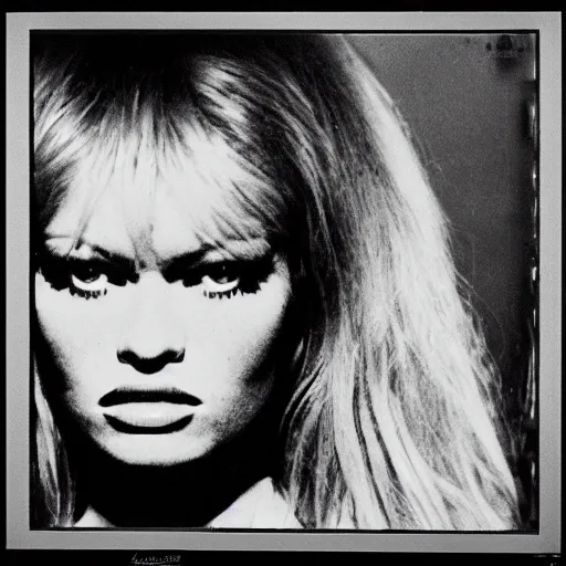 Image similar to stunning symmetrical portrait of brigitte bardot in front of a ( ( ( tall moog synthesizer ) ) ), high contrast grainy blank and white photography print ilford warm tone, huge modular synthesizer