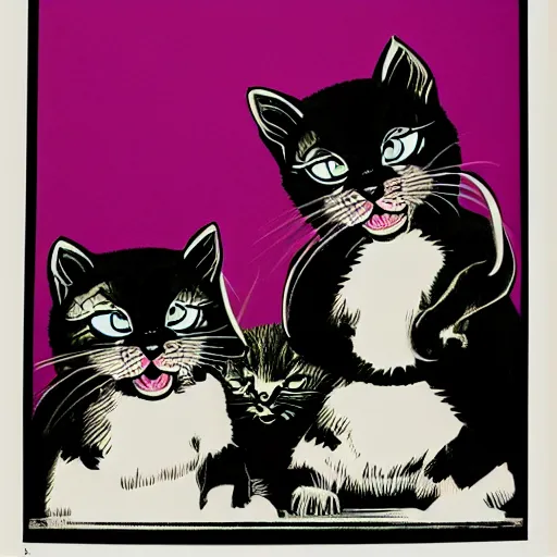 Image similar to silk screen poster of angry kittens in style of frank kozic