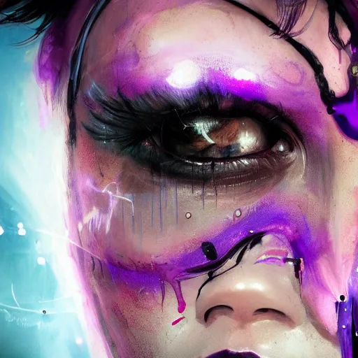 Prompt: extreme close up facial portrait of a beautiful woman with purple hair in sci - fi armor, void energy, glowing pupils, stoic, powerful, by benedick bana and artur bordalo and tom bagshaw and craig davison and guy denning and harumi hironaka, trending on artstation hq, deviantart, pinterest, 4 k uhd image