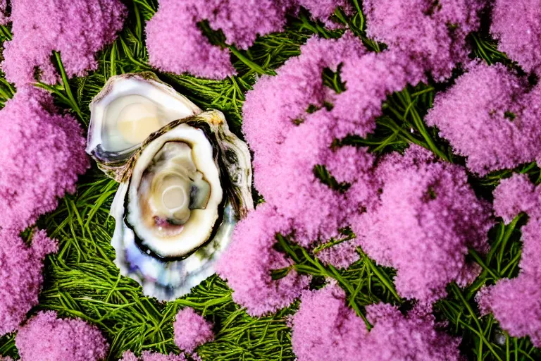 Image similar to a romantic dlsr photoportrait of an oyster in the field of flowers. pastel colors, blurred background. sharp focus on the oyster, 5 0 mm lens, professional light, aerial shot from the drone