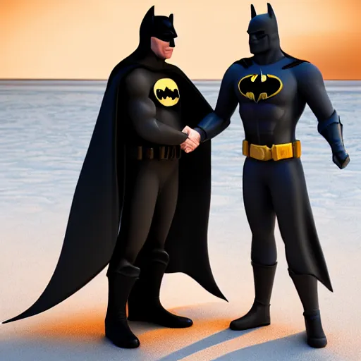 Image similar to 3 d render of batman and donald trump shaking hands on a sunny beach, 8 k, very intricate, very detailed,