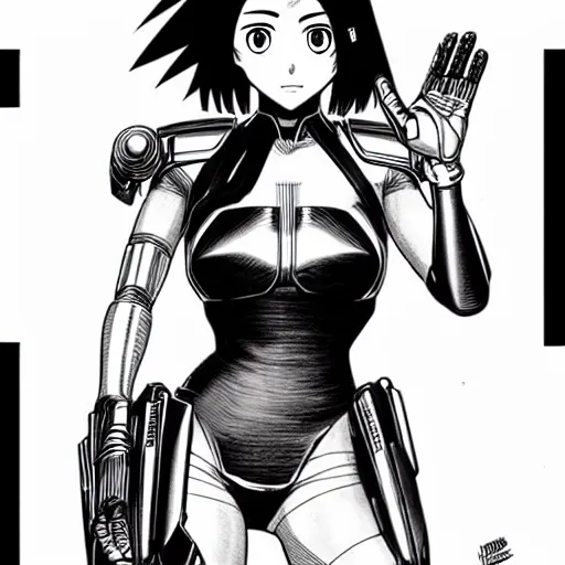 Image similar to alita by yukito kishiro. medium shot. black and white manga. pencil drawing.