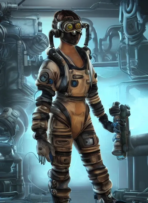 Prompt: character art of a female engineer wearing futuristic overalls, goggles, toolbelt, heavy-duty boots, gloves, sharp features, hair tied up in a bun, videogame character, Starcraft 2, Factorio, No Man's Sky, highly detailed full-body art, futuristic, serious, concentrated, industrial aesthetic, highly detailed, photo realistic, technical atmosphere, 8K, octane render, unreal engine