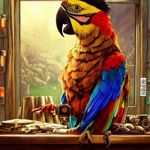 Prompt: Anthropomorphized parrot trader in his shop, selling his wares, portrait, items, gold, carpet, window, sly l, cunning expression, presenting wares, holding a gold bag, D&D, fantasy, cinematic lighting, highly detailed, digital painting, artstation, concept art, smooth, sharp focus, illustration, warm light, cozy warm tint, magic the gathering artwork, volumetric lighting, 8k, art by Akihiko Yoshida, Greg Rutkowski