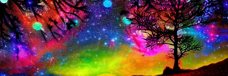 Image similar to beautiful trees, multicolor stars and galaxies, psychedelic, trending on artstation, hd photography