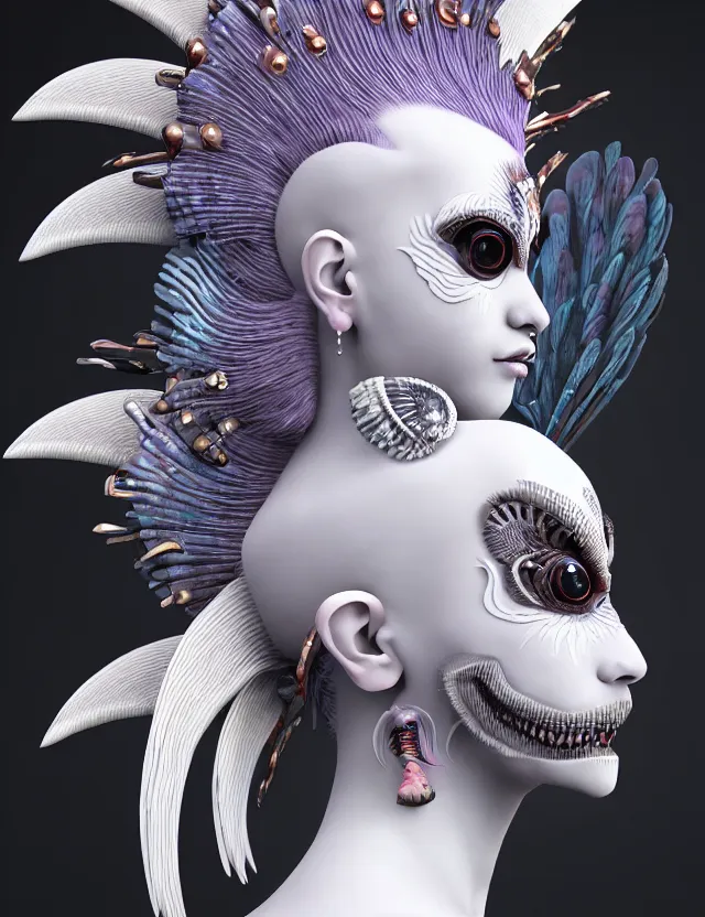 Image similar to 3 d goddess close - up profile simple portrait punk with mohawk with ram skull. beautiful intricately detailed japanese crow kitsune mask and clasical japanese kimono. betta fish, jellyfish phoenix, bio luminescent, plasma, ice, water, wind, creature, artwork by tooth wu and wlop and beeple and greg rutkowski