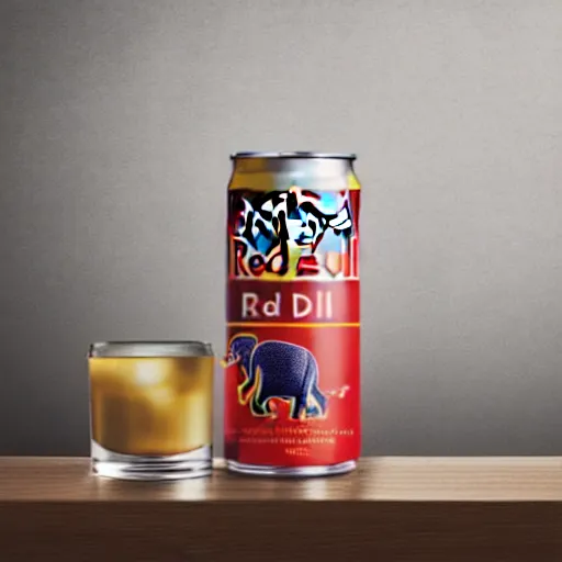 Image similar to product photography, a can of red bull on a table, an elephant is behind drinking the red bull through a straw