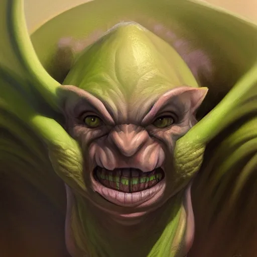 Image similar to portrait of a goblin with a big bulbous nose, long ears, black slick hair, a white clouded eye and a scar, wicked smile, concept character in the style of boris vallejo and jeff easley, trending on artstation, dnd
