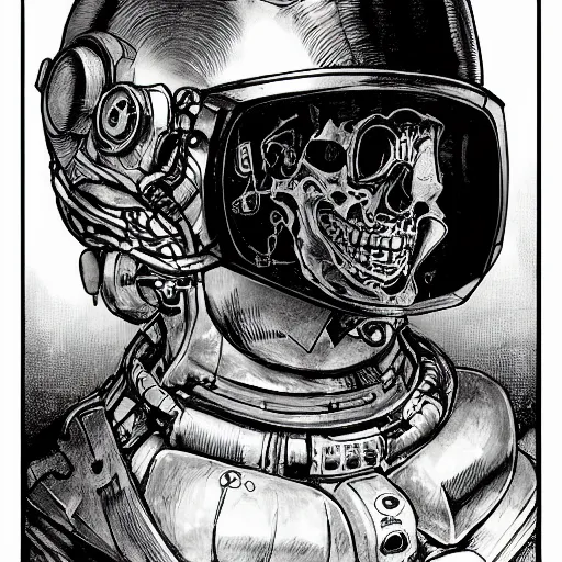 Image similar to !dream portrait of a dead cyberpunk space pirate in concept armor with golden cyborg skull in a futuristic prototype oxygen intake helmet by Abigail Larson + Alan Lee + Audrey Kawasaki + Giovanni-Piranesi + Winsor-McCay + Howard-Pyle, headshot, 8k vhs glitch, cinematic, sharp focus, smooth, sense of awe