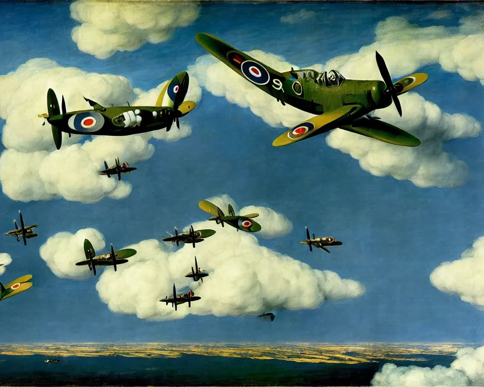 Image similar to an achingly beautiful print of the Battle of Britain by Raphael, Hopper, Goya, and Rene Magritte. detailed, romantic, enchanting, trending on artstation.