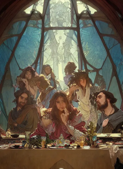 Image similar to the last supper beautiful painting by artgerm and greg rutkowski and alphonse mucha, highly detailed, illustration, epic, fantasy, intricate, hyper detailed, artstation, concept art, smooth, sharp focus, ray tracing, only mens