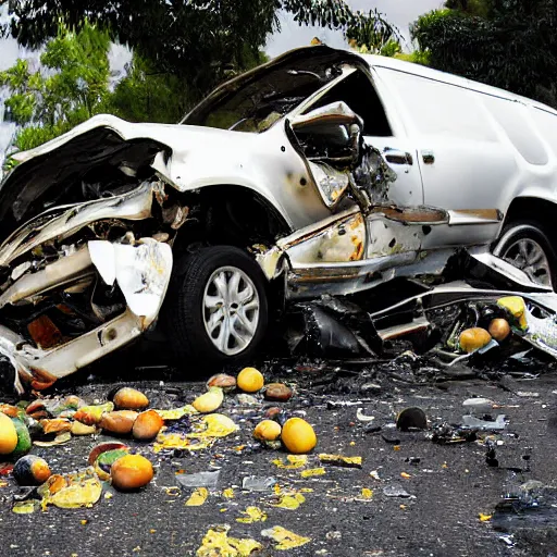 Prompt: avocado truck accident, people picking avocados from the road, highly detailed photograph