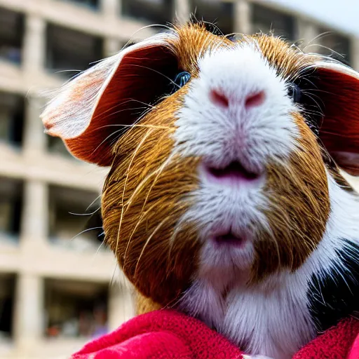 Image similar to a guinea pig selfie in front of a burning building