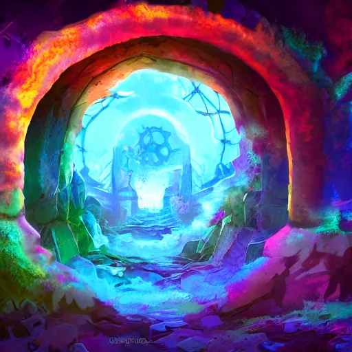 Prompt: colorful portal to another realm, apocalyptic fantasy, mmo, digital art