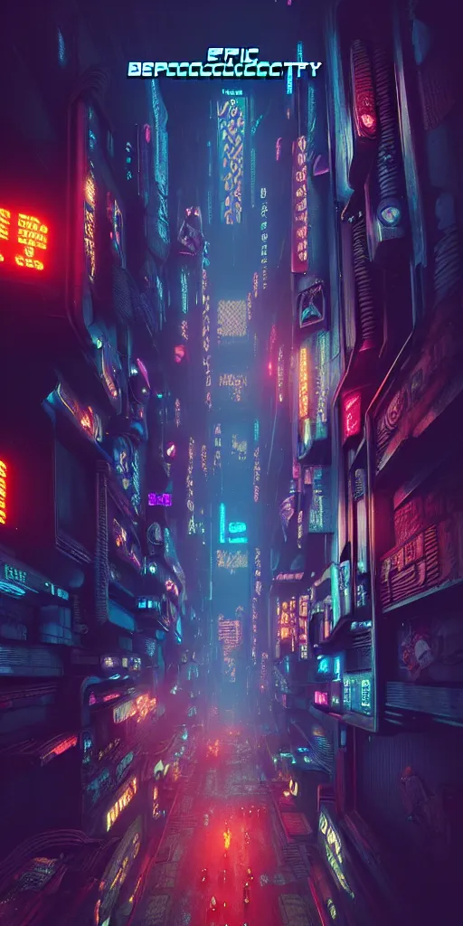 Image similar to epic cyberpunk arcade city : : blade runner, james guilleard, beeple, laurie greasley, dan mcpharlin : : ornate, dynamic, particulate, rich colors, intricate, elegant, highly detailed, centered, artstation, smooth, sharp focus, octane render, 3 d