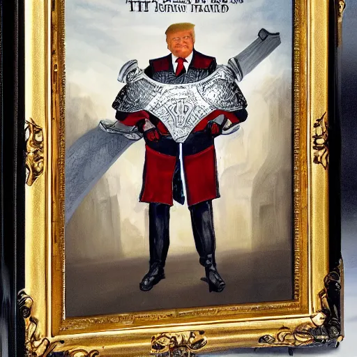 Prompt: donald trump, donald trump wearing knights armor, holding a broadsword, by hans holdein, donald trumps handsome face