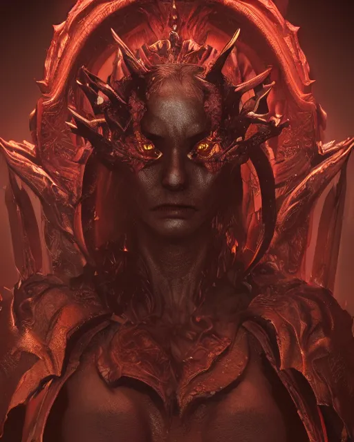 Prompt: headshot portrait of a demon queen inside her hellish throne room, detailed, realistic, studio lighting, unreal engine, cgsociety