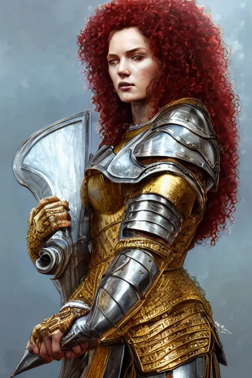 Image similar to full body portrait of a rugged female warrior short length red curly hair and a very highly detailed face wearing elegant obsidian, sliver and gold plate mail armor intricately painted, holding an ancient two hand great sword, very highly detailed, artstation, cgsociety, realistic character concept art, sharp focus, by greg rutkowski, artgerm, and alphonse mucha