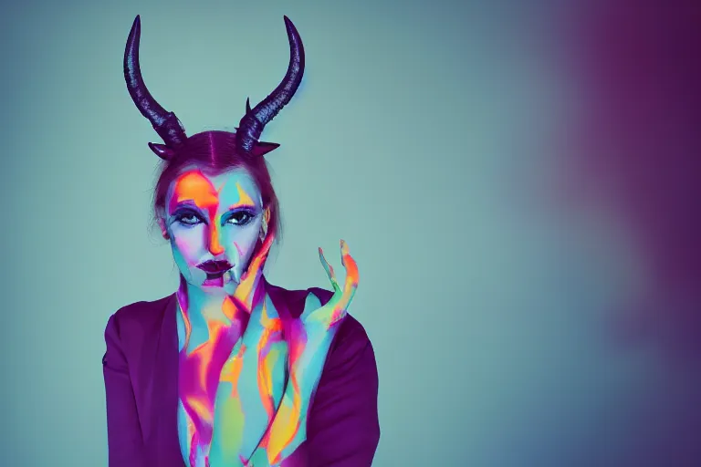 Image similar to pretty demon girl with horns photograph in the style of clemens ascher, colorful, realistic, 8 k, portrait, ambient lights,