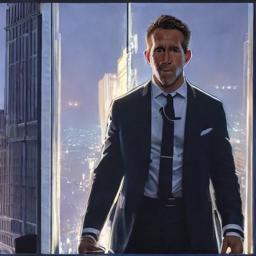 Image similar to ryan reynolds as spider - man, wearing a black and blue suit, cinematic, volumetric lighting, f 8 aperture, cinematic eastman 5 3 8 4 film, photorealistic by greg rutkowski, by stanley artgerm, by alphonse mucha