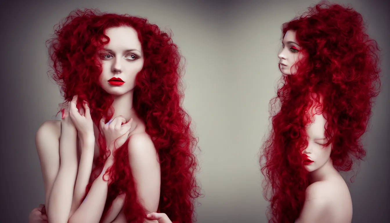 Prompt: a portrait photography of a beautiful woman with black long curly hair and full body dress in red by Flora Borsi, soft natural lighting, pastel colors scheme, fine art photography, dramatic backgroung, 50 mm sigma art