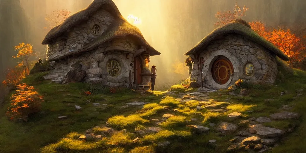 Image similar to a hobbit cottage on top of a steep hill, greg rutkowski, zabrocki, moebius, concept art, highly detailed, autumn sunlights, smoky atmosphere, ( ray of sunlight ), ilya kuvshinov, ossdraws, 8 k, ultra wide angle, zenith view, lens effect