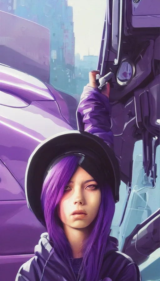 Image similar to A ultradetailed beautiful portrait panting of a graffiti writer from the future with purple hair and streetwear style on a futuristic car, bright sunny day, Oil painting, by Ilya Kuvshinov, Greg Rutkowski and Makoto Shinkai