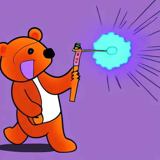 Prompt: cartoon bear wearing casual clothing being shot into purple clouds by a futuristic colorful launcher