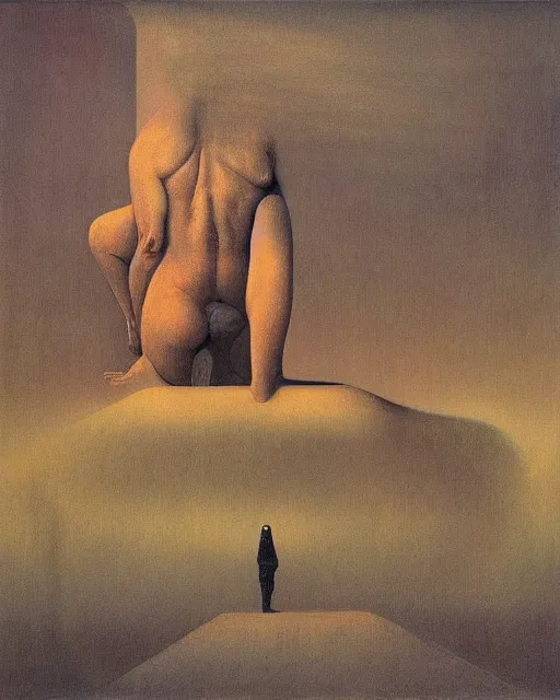 Image similar to man woman into one change and praying by beksinski, carrington, bosch, dali, barlowe, magritte