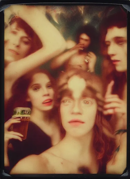 Image similar to polaroid by mucha, selfie, influencer, diaphanous, fashion, octoberfest, render, octane, detailed, award winning photography, masterpiece, of group of people very drunk dancing chaotic and giant like slowmotion nuclear exploding beer bottle in the middle,, dark backround, highly detailed, smooth, sharp focus, intricate,