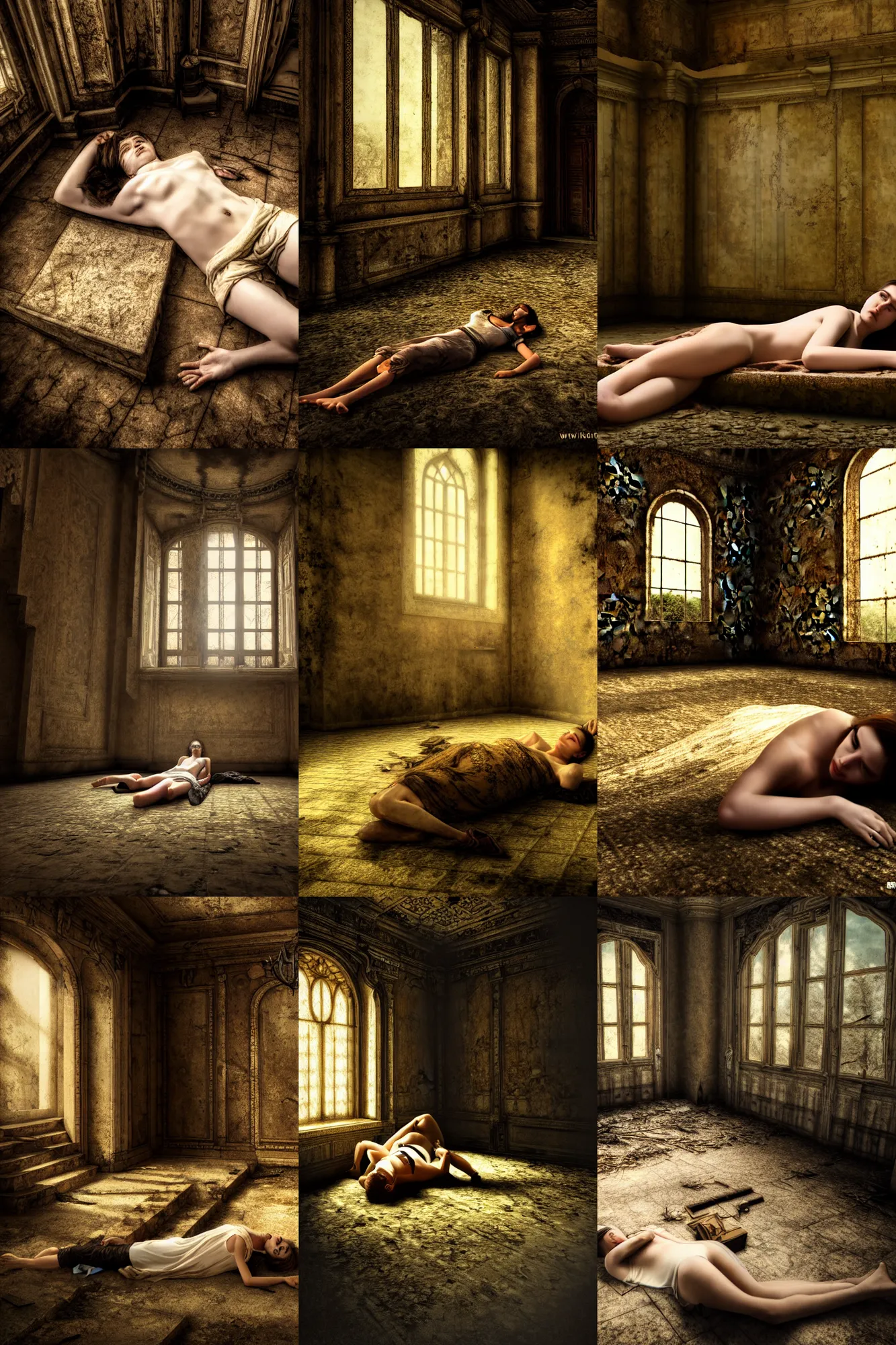 Prompt: lying down in forgotten palace, trespasser, realistic picture, 4 k full hd pro photo