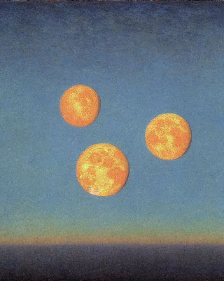 Prompt: achingly beautiful painting of the moon rising over earth from outer space by rene magritte, monet, and turner.