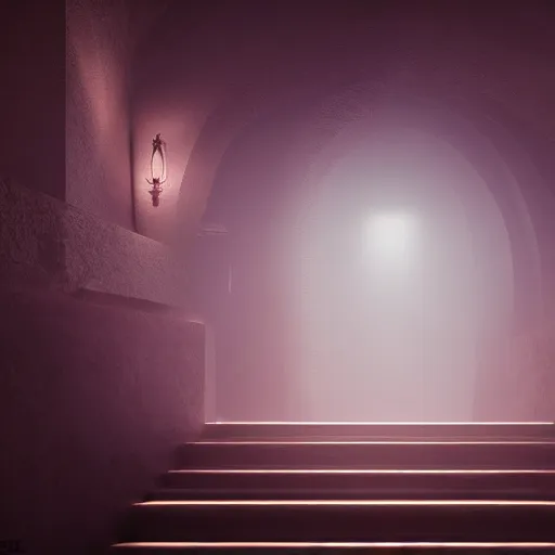 Image similar to staircase labrynth, foggy atmosphere, beam of light, ufos, cinematic lighting, ultra details, incredibly realistic, octane rendering, z brush, unreal engine 5, photorealistic, 8k.