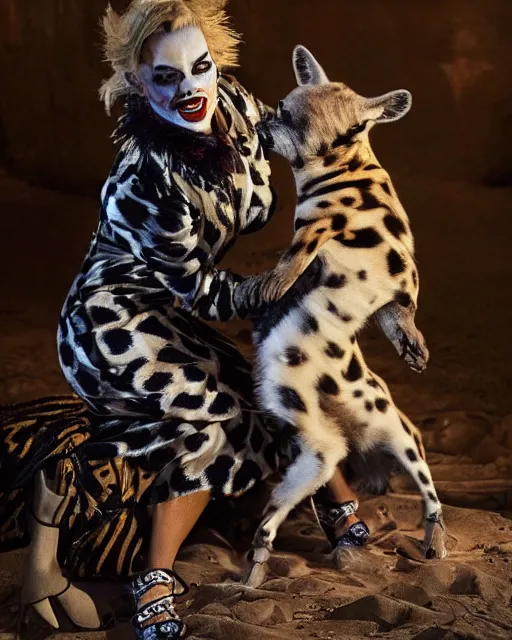 Image similar to Margot Robbie dressed as Harlequin interacts with a playful spotted hyena, HDR, photorealistic, In the style of National Geographic