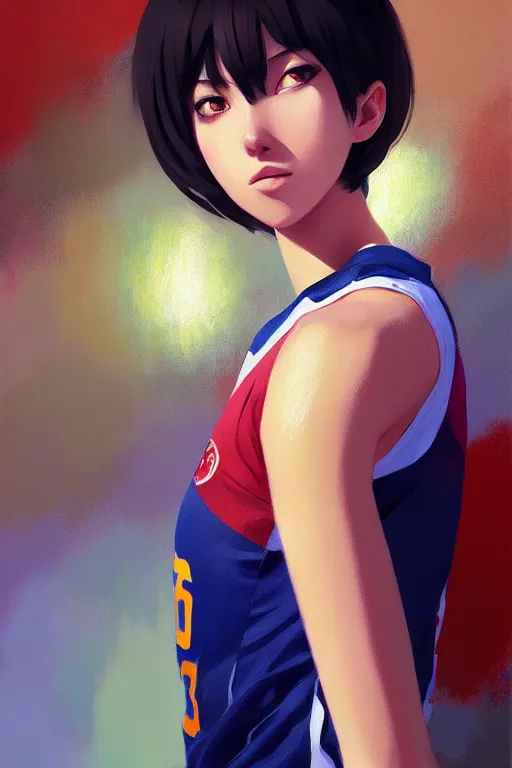 Image similar to A ultradetailed beautiful panting of a stylish woman wearing a volleyball jersey, Oil painting, by Ilya Kuvshinov, Greg Rutkowski and Makoto Shinkai