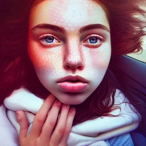 Image similar to beautiful hyperrealism hyperdetailed selfie of a cute young woman sitting in her car, flushed face, red blush, light freckles, puffy lips, soft features, 8 k, sharp focus, art by irakli nadar, instagram