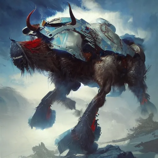 Prompt: mechanized majestic buffalo coated with blue, white and red body armor, digital art, realistic, ultradetailed, concept art, art by greg rutkowski and thomas kinkade, trending on artstation, devianart, cgsociety