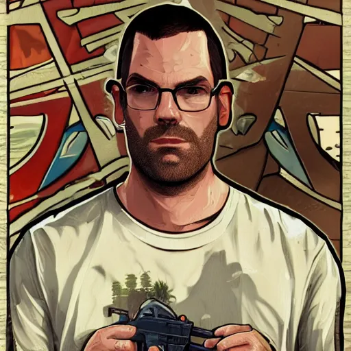 Image similar to Northernlion (Ryan Letourneau) in GTA 5 loading screen, intricate, highly detailed, digital painting, artstation, concept art, sharp focus, illustration, art by greg rutkowski and alphonse mucha