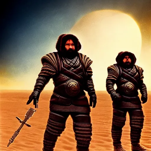 Image similar to sardaukar dwarves on Arrakis, full contact epic training fully armed, photorealistic hight detail HDR cinematic scene from the Dune movie by denis villeneuve