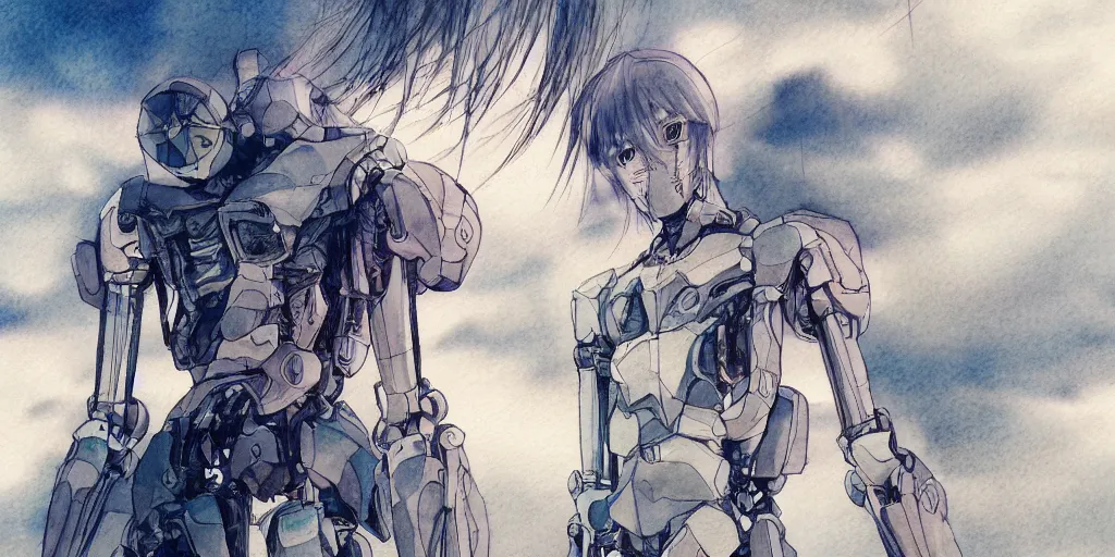 Prompt: a broken robot itself, anime, pencil lines, light watercolour painting, pale sky, beautiful artwork, anime screenshot, tokyo