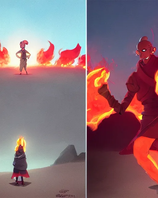 Image similar to squidward wearing fire nation clothing and practicing firebending outside at susnset, [ greg rutkowski ]