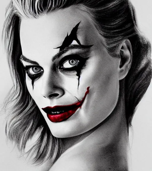 Image similar to beautiful margot robbie portrait with joker makeup with faded outline, in the style of den yakovlev,, black and white realism drawing, hyper realistic, highly detailed