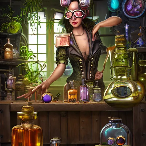 Image similar to a beautiful stunning interesting photorealistic digital illustration of a woman wearing steampunk safety goggles while mixing potions, in a potion shoppe, colorful bottles and plants, awesome and moody afrofuturism by marc poole and tyler edlin