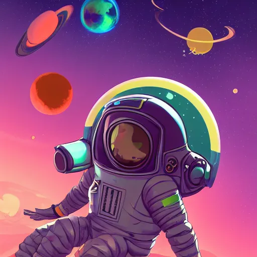 Prompt: an cosmonaut lie relaxed on a crescent moon between the stars and the planets in outer space, cosmonaut post grunge concept art,high detail,4k, trending on artstation by josan gonzalez and tyler edlin