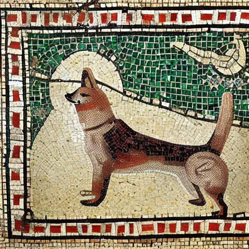 Prompt: an ancient roman tile mosaic depicting a shiba inu in a bath, a detailed masterpiece