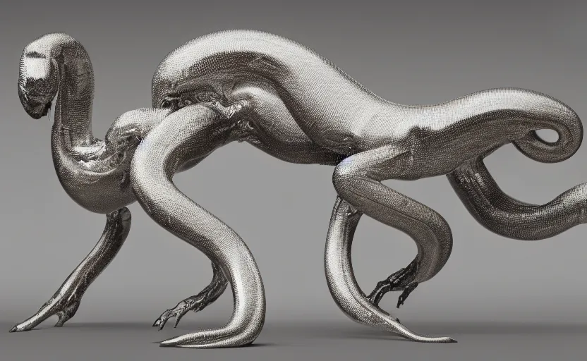 Image similar to stylized shiny polished silver statue full body extra limbs bizarre cosmic horror quadruped animal four legs made of marble of slug creature tendrils, perfect symmetrical body, perfect symmetrical face, hyper realistic, hyper detailed, by johannen voss, by michelangelo, octane render, blender, 8 k, displayed in pure white studio room