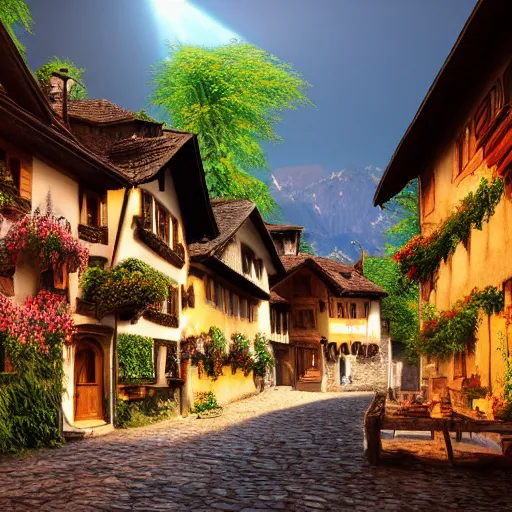 Image similar to a medieval village in switzerland, ornate, beautiful, atmosphere, vibe, flowers, concept art illustration, greg rutowski, volumetric lighting, sunbeams, particles,