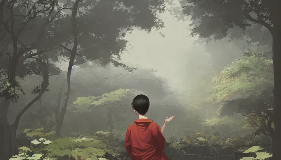 Prompt: ilya kuvshinov illustration of a boy bored in a temple garden filled with yokai and spirits, spirits in the garden, hazy and misty, magical feeling, uhd, high detail, by ilya kuvshinov