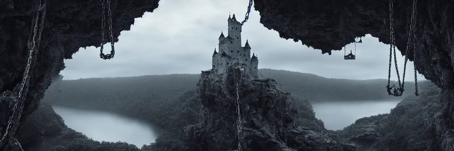 Prompt: cinematic view of floating castle hanging by chains in the air, in between a gorge, below only cloud dark void, 8 k resolution